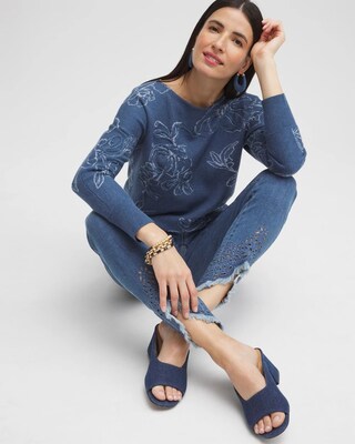 Faux Denim Soutache Pullover Sweater