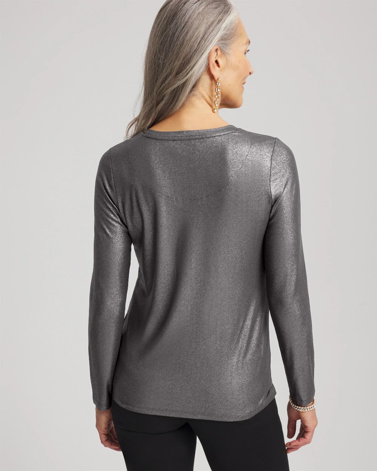 Chico's Touch Of Cool Foil Long Sleeve Layering Tee In Gray In Gray