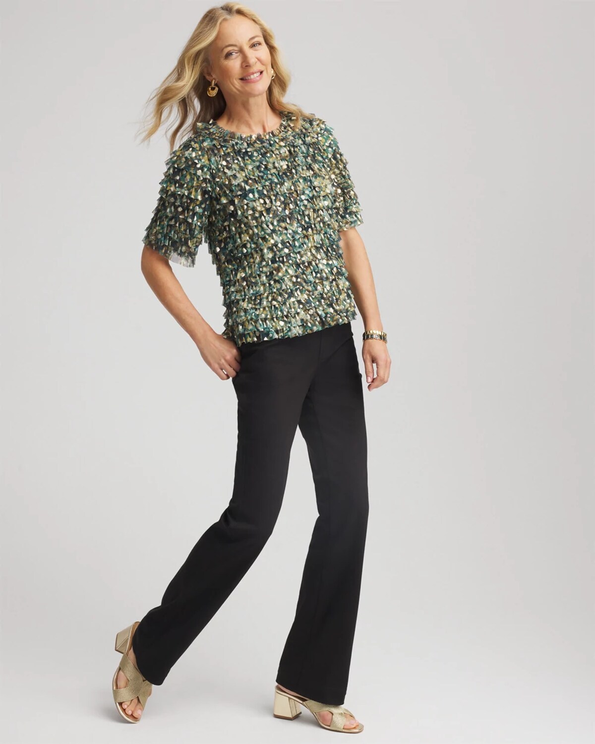 Chico's Mesh Ruffle Crop Tee In Darkest Spruce In Green