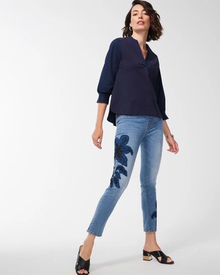 Floral Applique Pull-On Ankle Jeggings