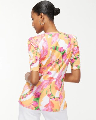Gathered Sleeve Foliage Slub Tee