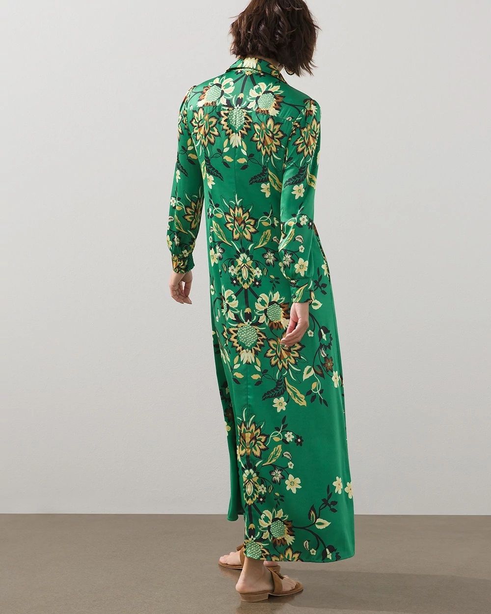 Satin Damask Print Maxi Shirt Dress