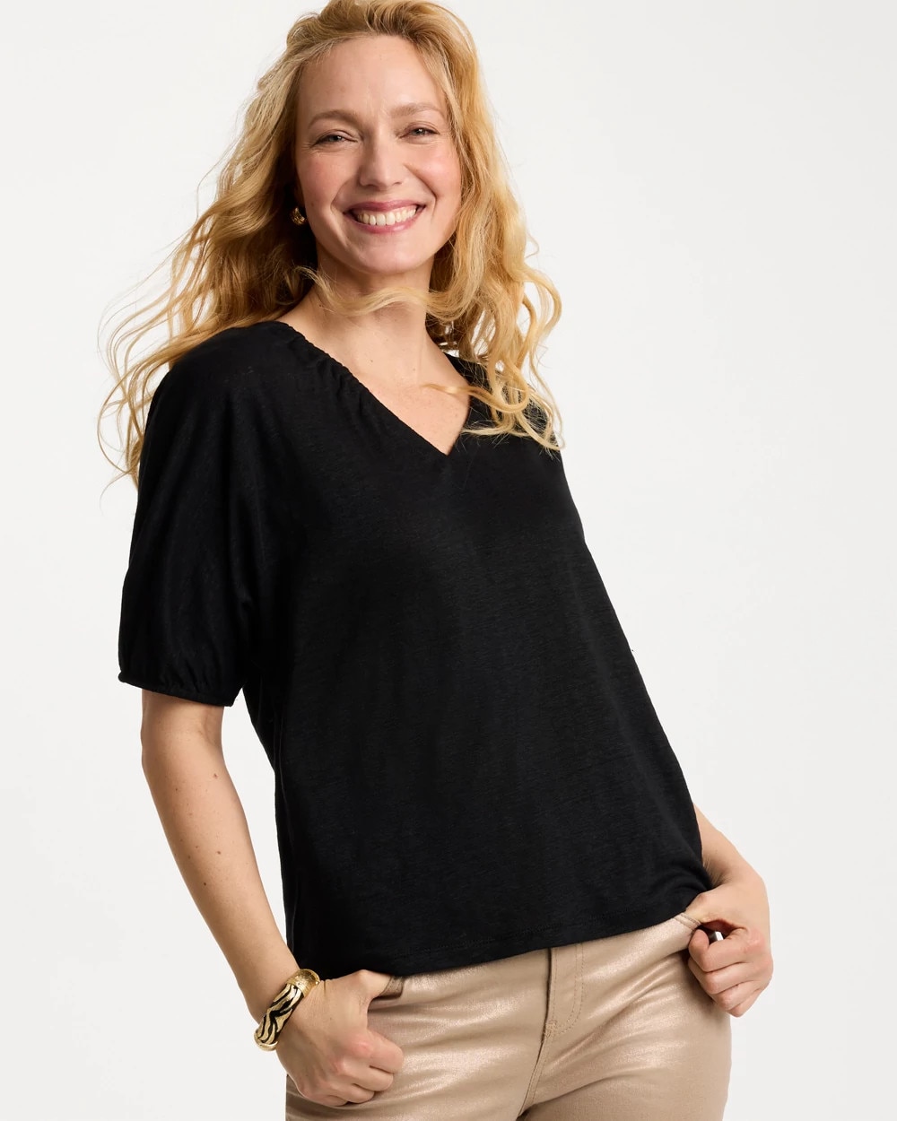 Linen Ruched V-Neck Tee