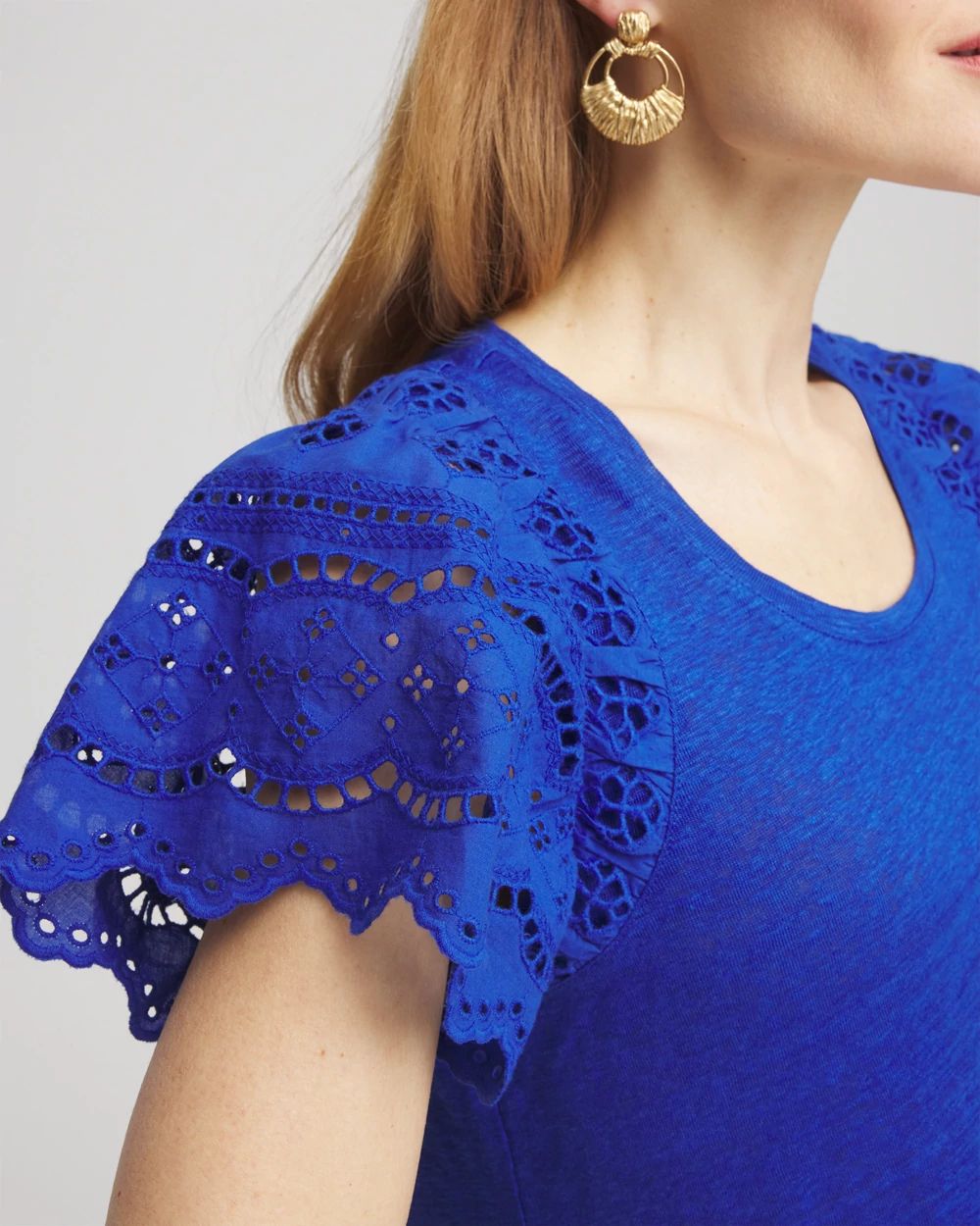 Linen Embroidered Flutter-Sleeved Tee