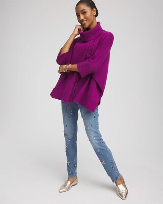 Cowl Neck Fringe Cashmere Blend Poncho click to view larger image.