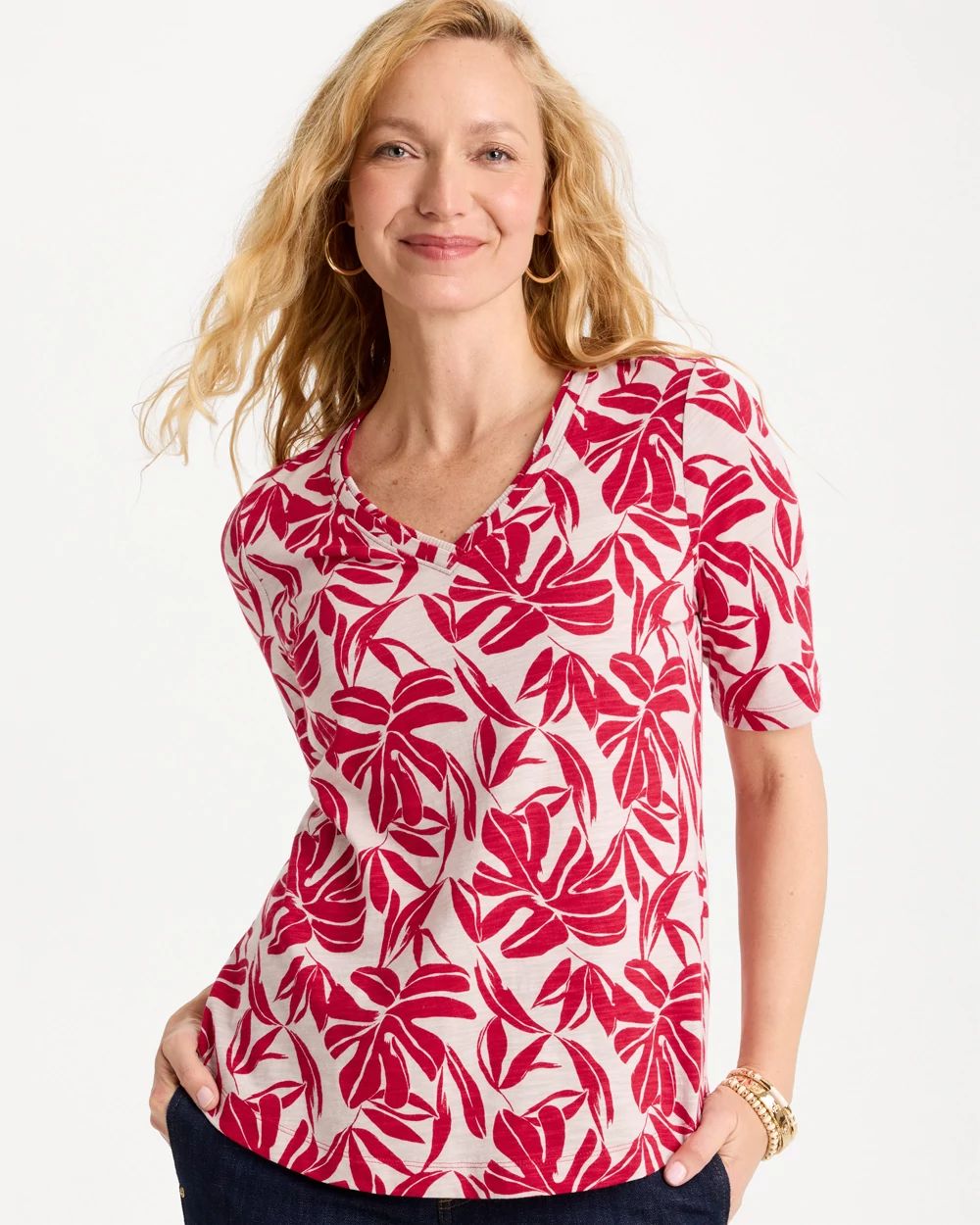 Printed Cotton Slub V-Neck Tee