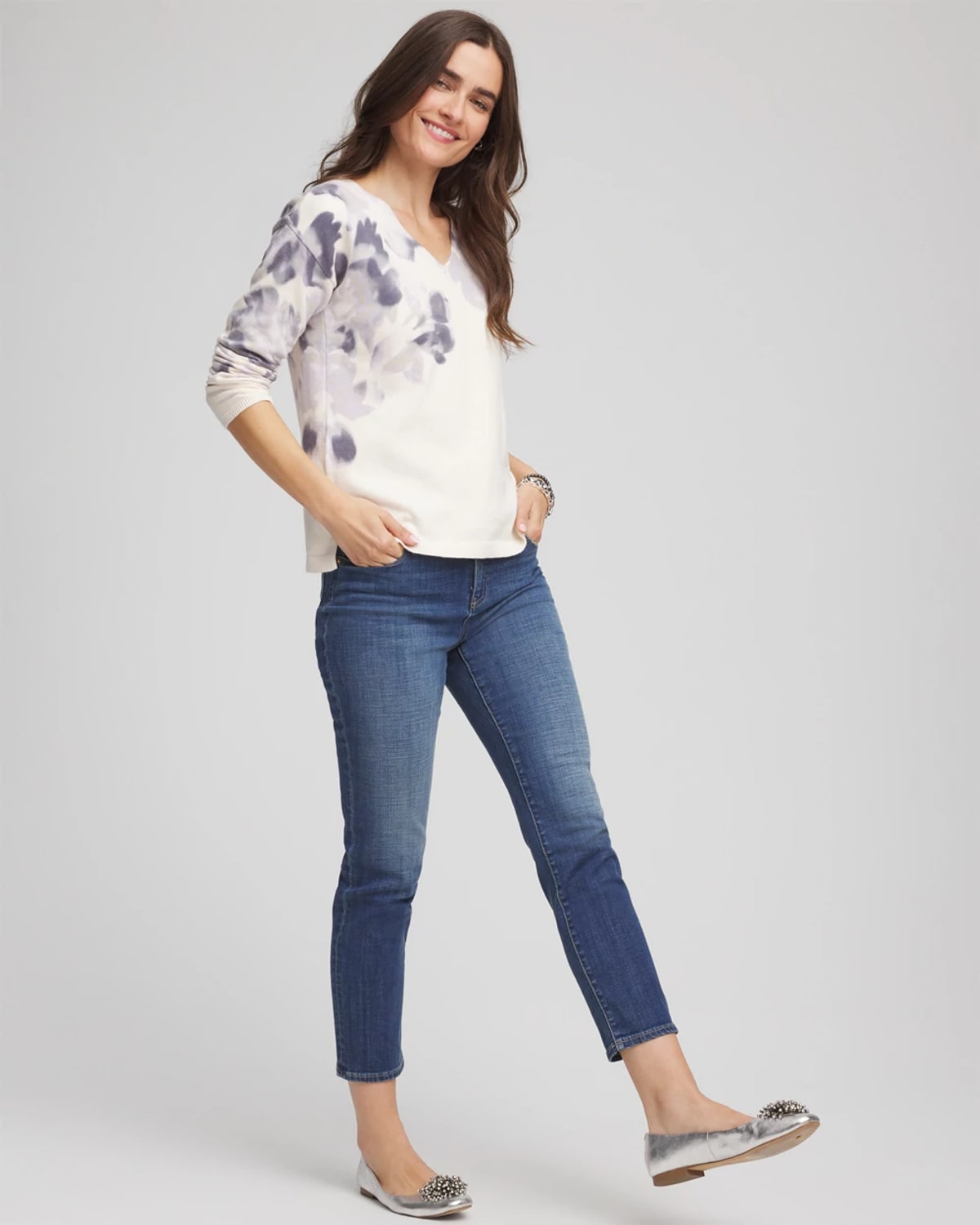 Chico's Printed V-neck Sweater In Multi