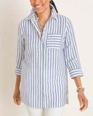 No-Iron Linen Striped Shirttail Hem Tunic
