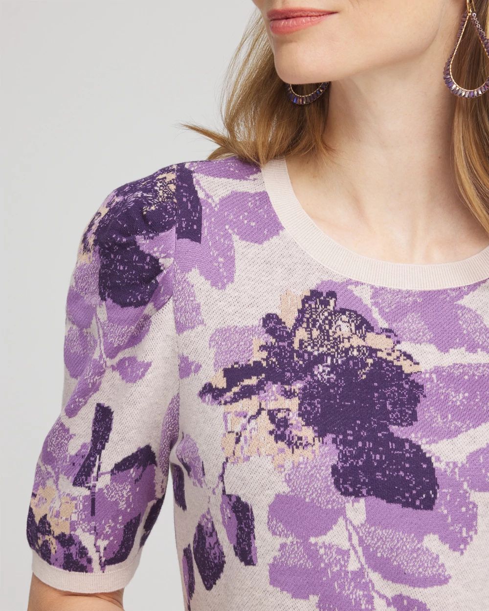 Elbow Sleeve Floral Crew Neck Sweater