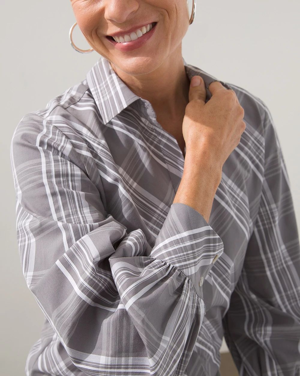 Poplin Billow Sleeve Plaid Shirt