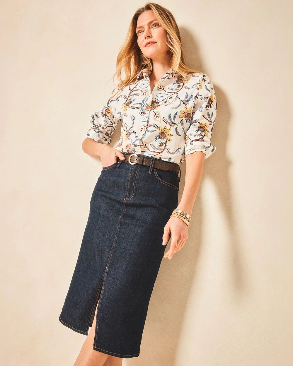 High-Rise Straight Stretch-Denim Skirt