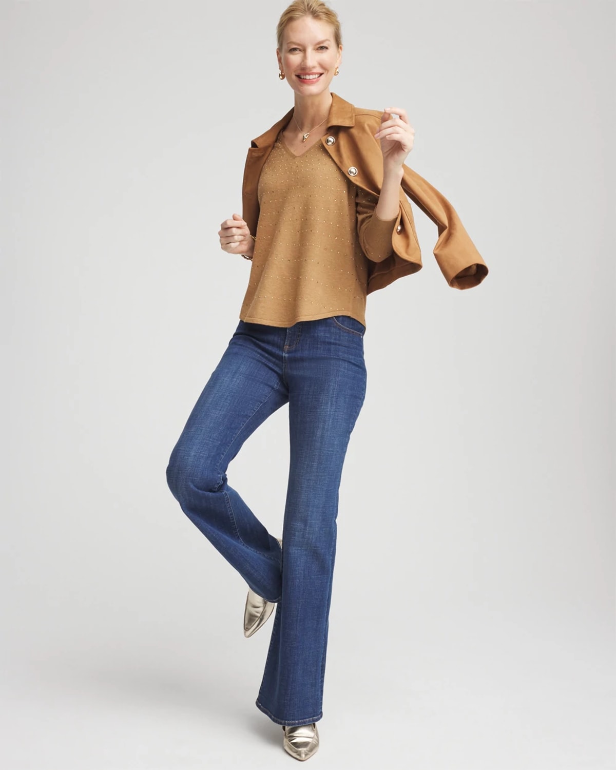 Chico's Ella V-neck Embellished Pullover Sweater In Brown