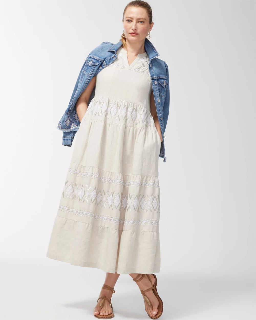 Linen Embroidered Tiered Maxi Dress