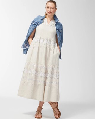 Linen Embroidered Tiered Maxi Dress