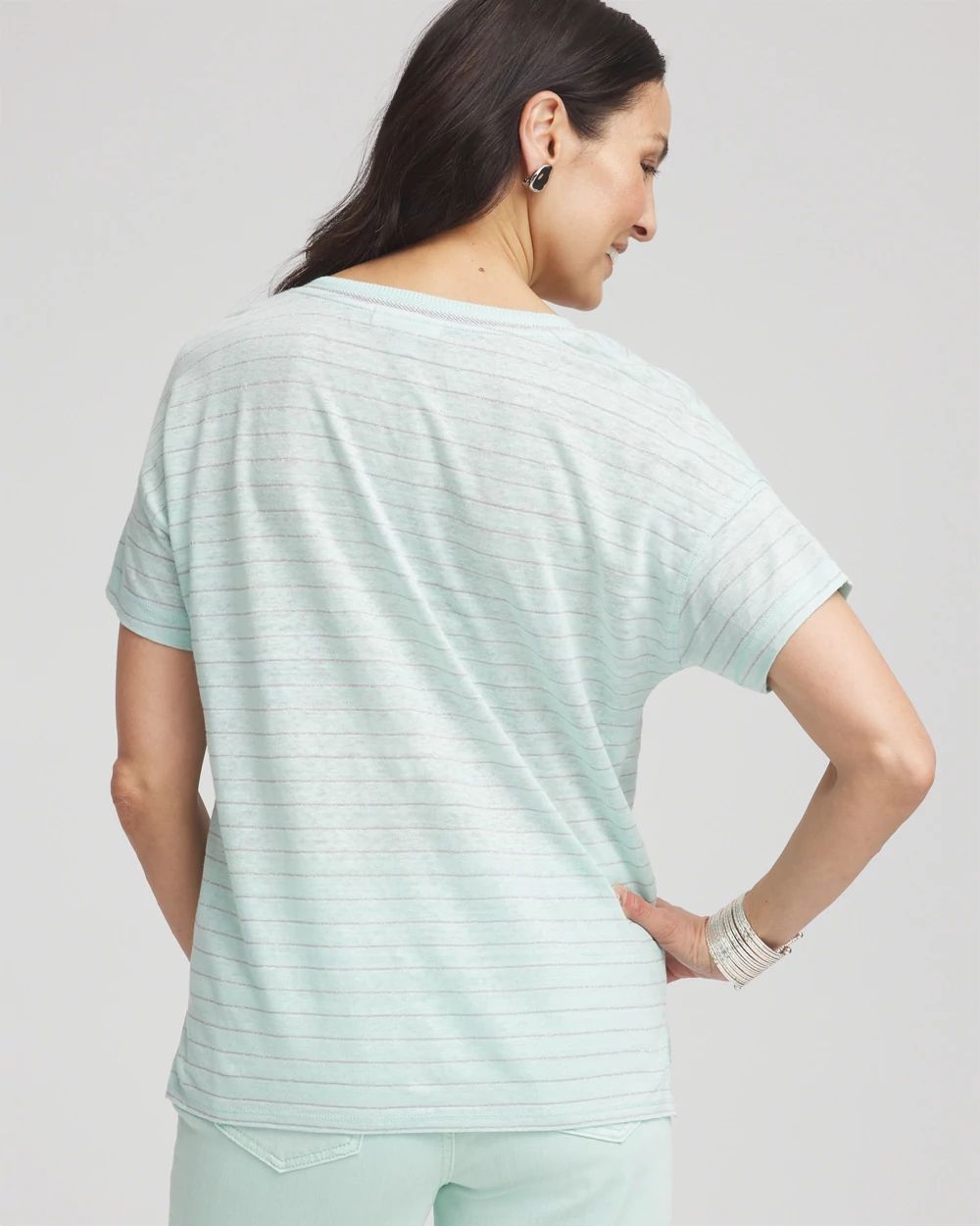 Striped Sweater-Trim Linen Tee click to view larger image.