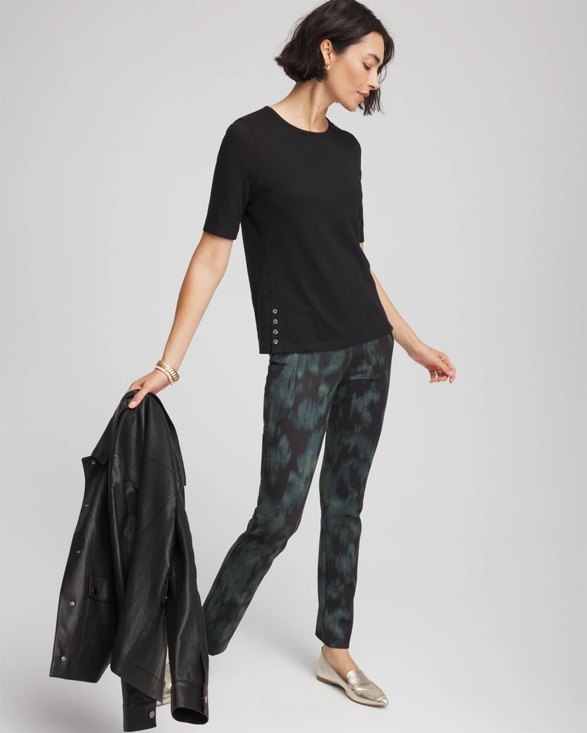 Chico's Jersey Knit Crewneck Button Tee In Black In Black