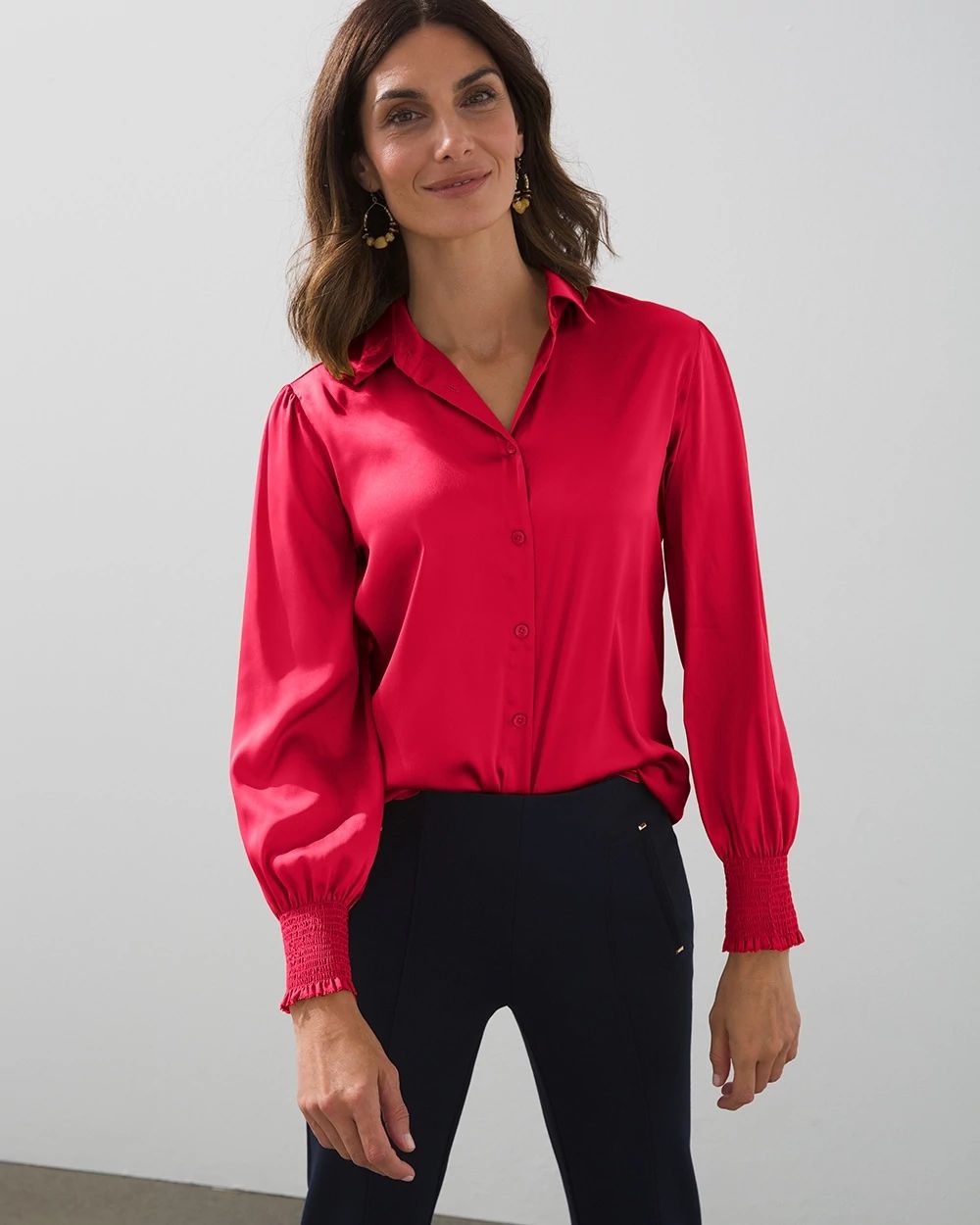 Satin Smocked-Cuff Blouse