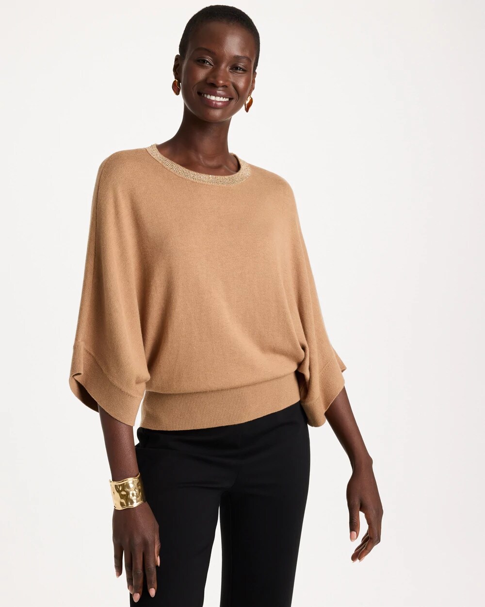 Chico's Sequined Cape Sleeve Pullover In Toffee Tan