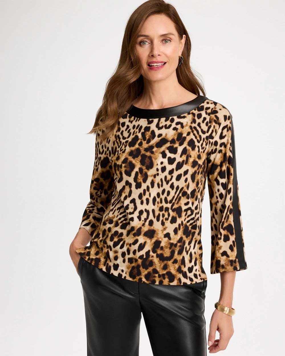 Ponte Knit Animal Faux Leather-Trim Top