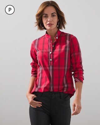 Petite Plaid Crystal-Button Shirt