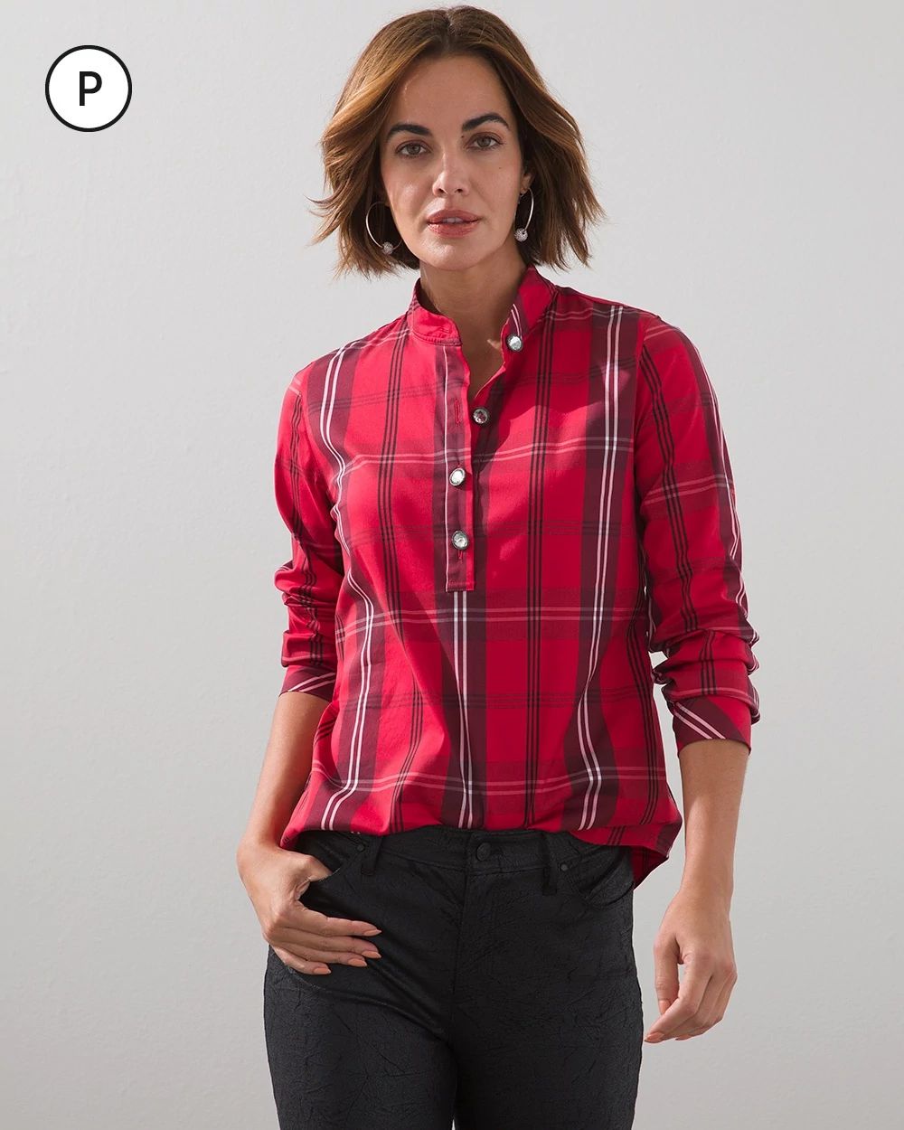 Petite Plaid Crystal-Button Shirt