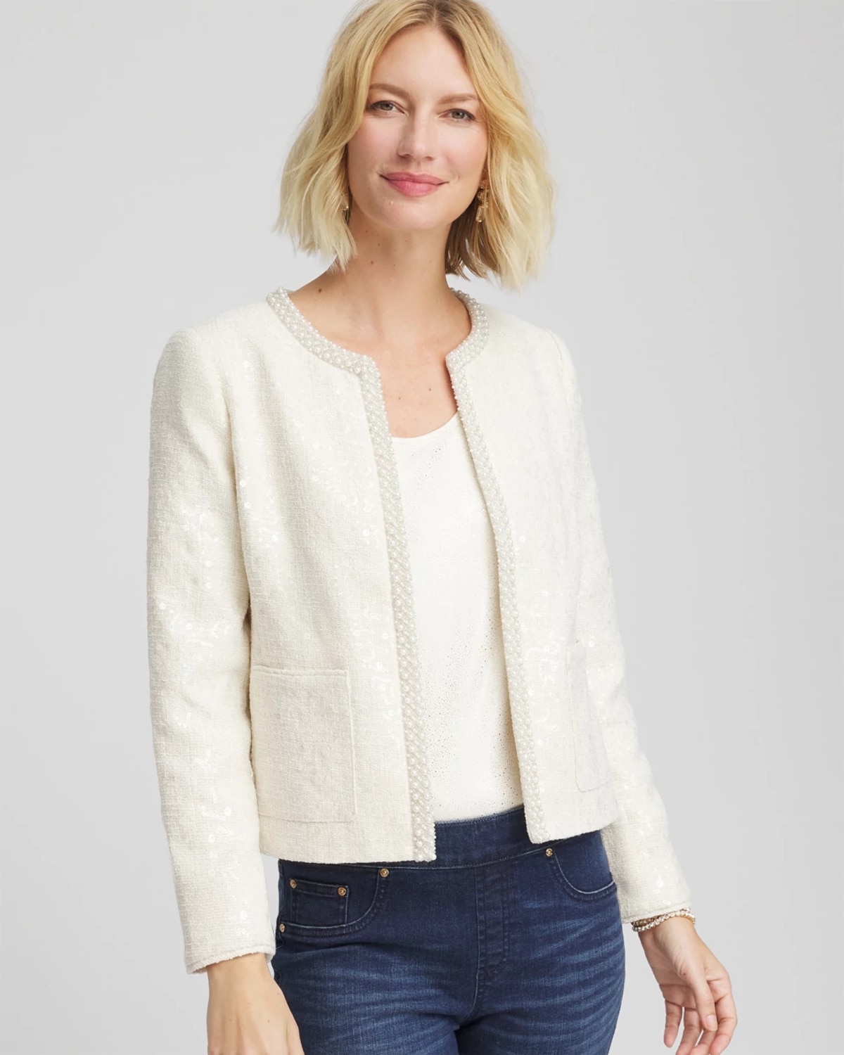 Chico's Pearl Trim Tweed Jacket In Cream In White