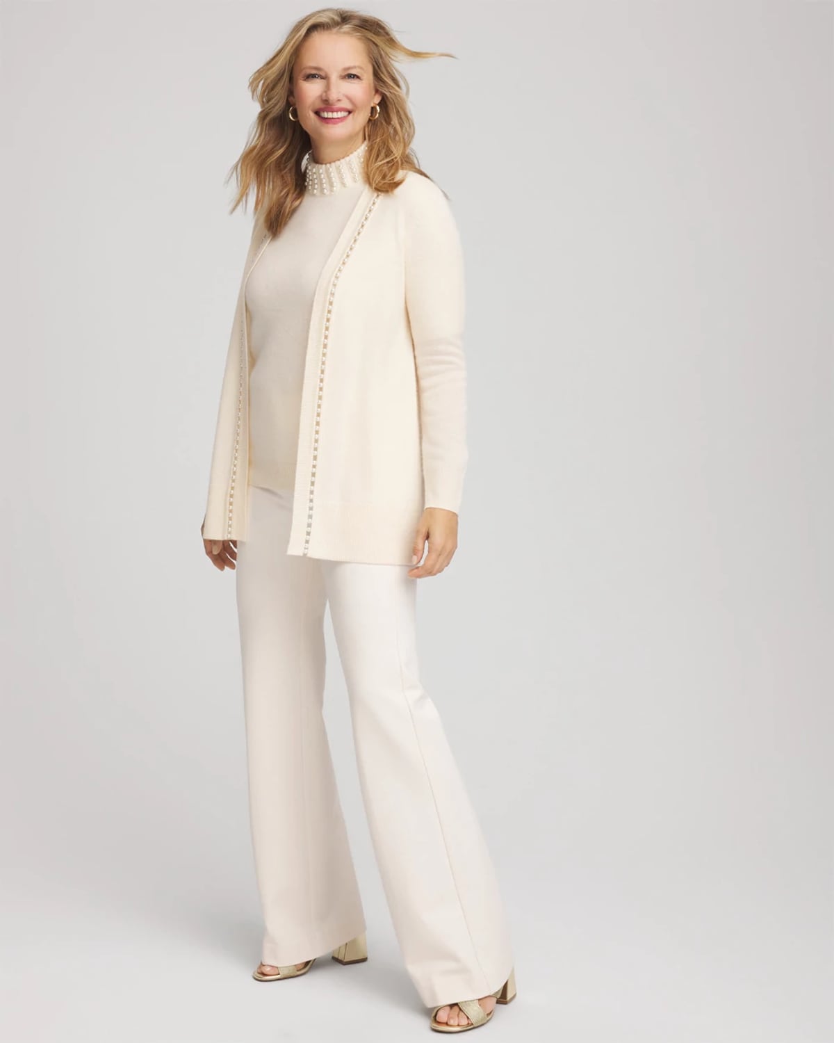 Chico's Cashmere Pearl-trim Cardigan Sweater In Cream In White