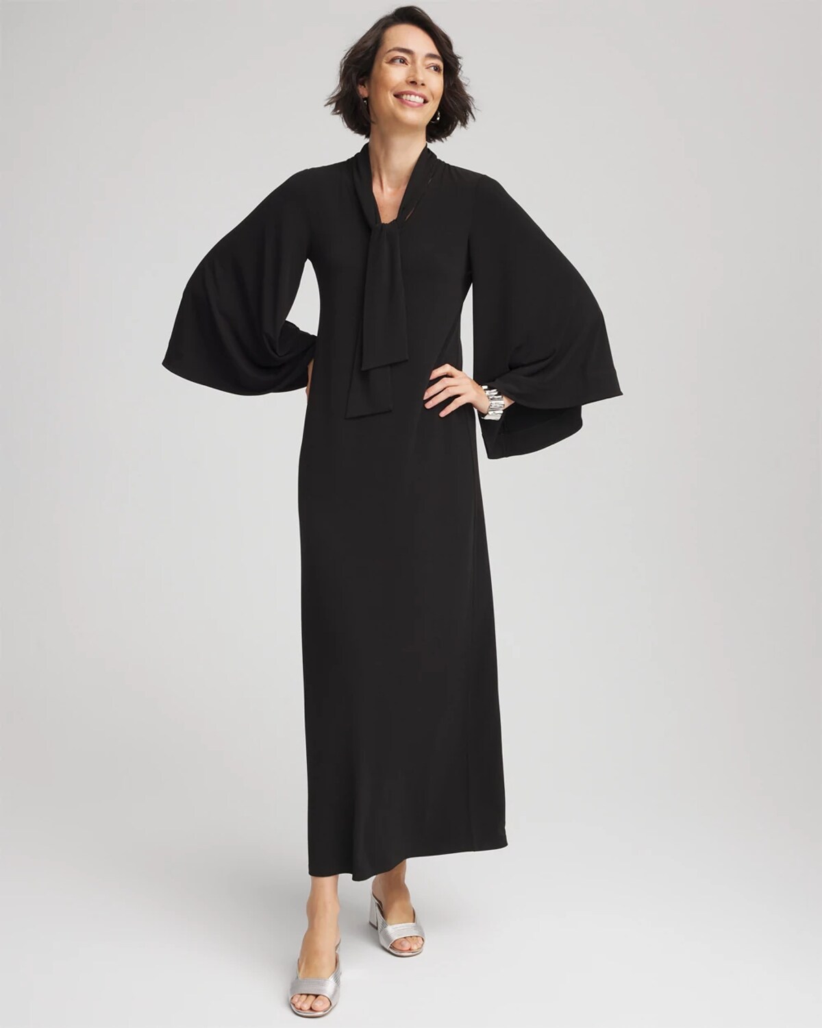 Chico's Flutter-sleeve Tie-front Dress In Black In Black