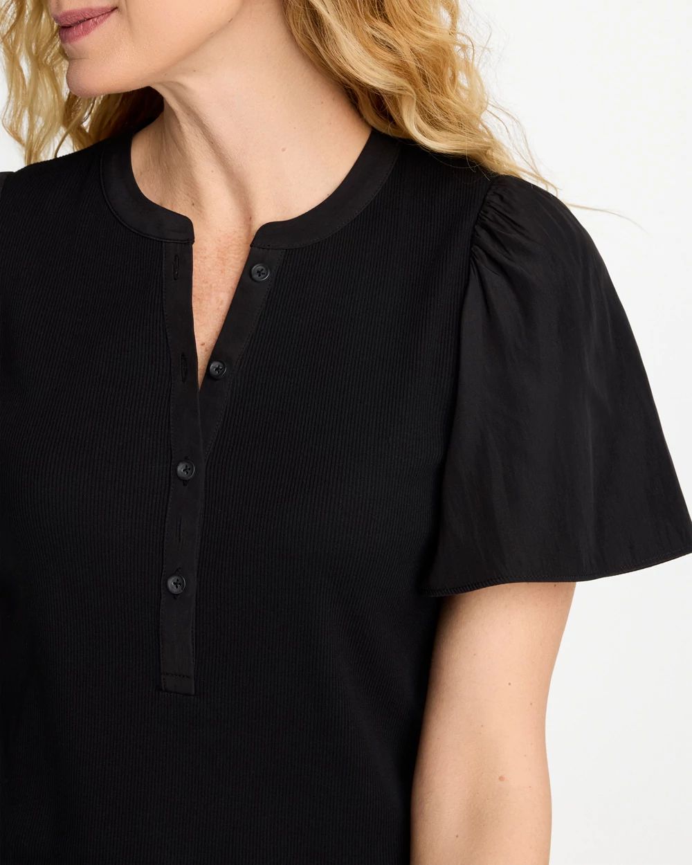 Rib Knit Woven Flutter Sleeve Tee click to view larger image.