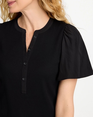 Rib Knit Woven Flutter Sleeve Tee click to view larger image.