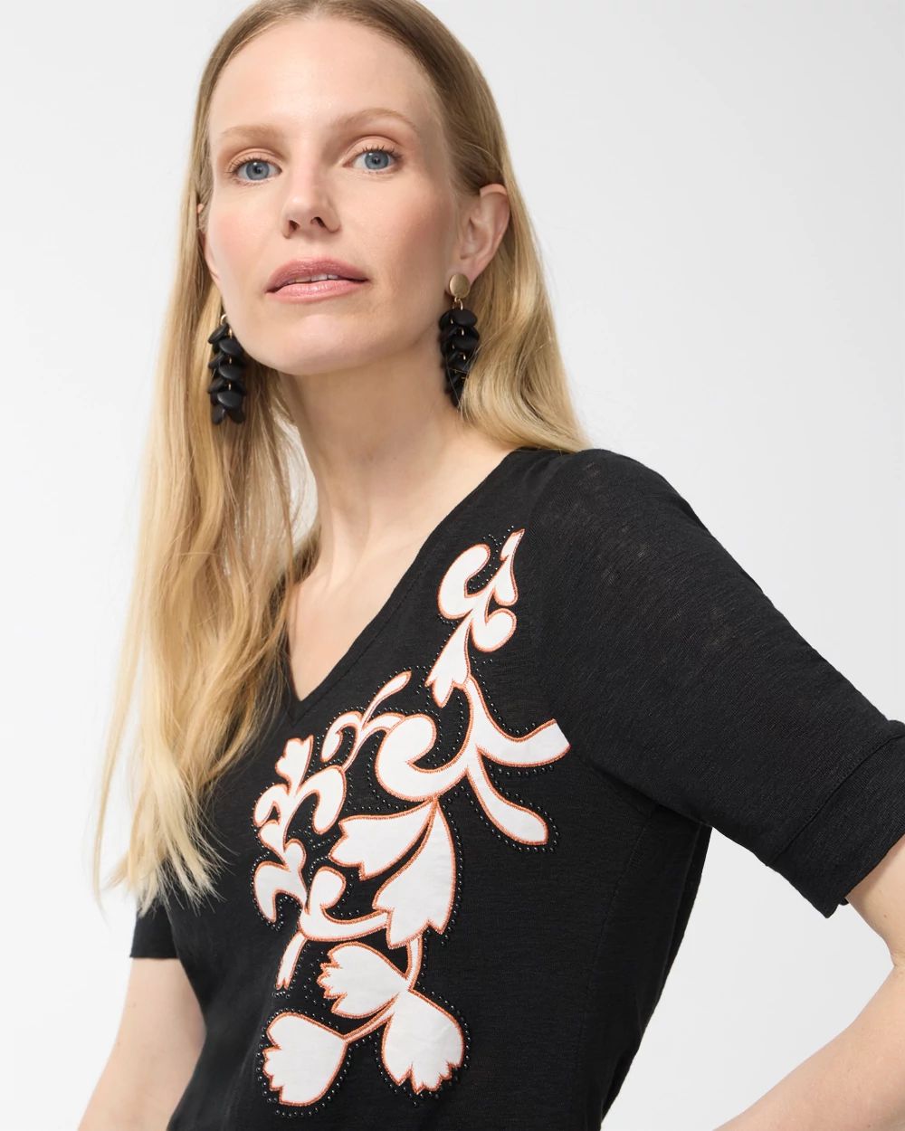 Shirred Back Embroidered Linen Tee
