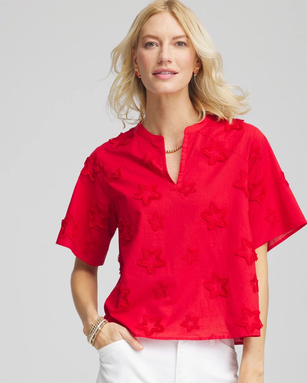 Embroidered Star Split Neck Blouse