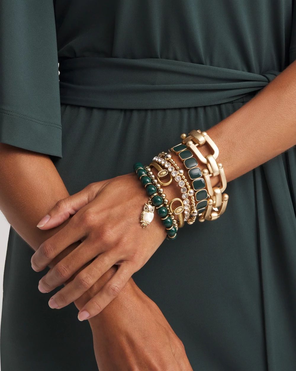 Green & Gold Beaded Charm Bracelet