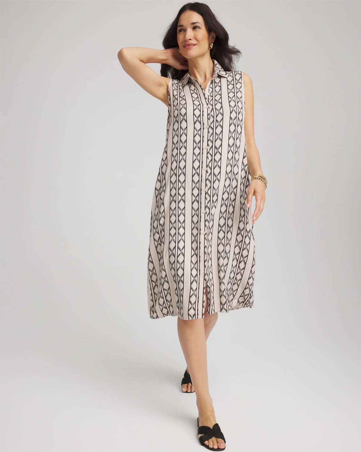 Chico's Printed Sleeveless Silk-twill Shirtdress In Black In Black
