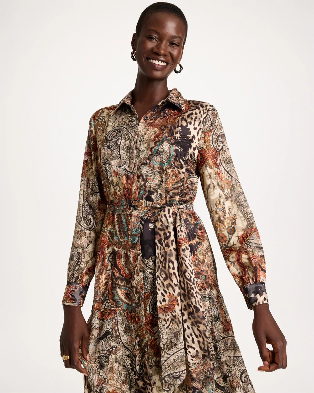 Crinkle Chiffon Godet Printed Shirtdress click to view larger image.