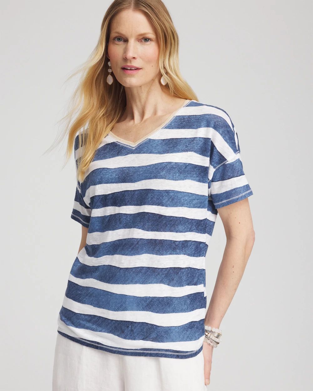Navy Stripe Sweater Trim Linen Tee