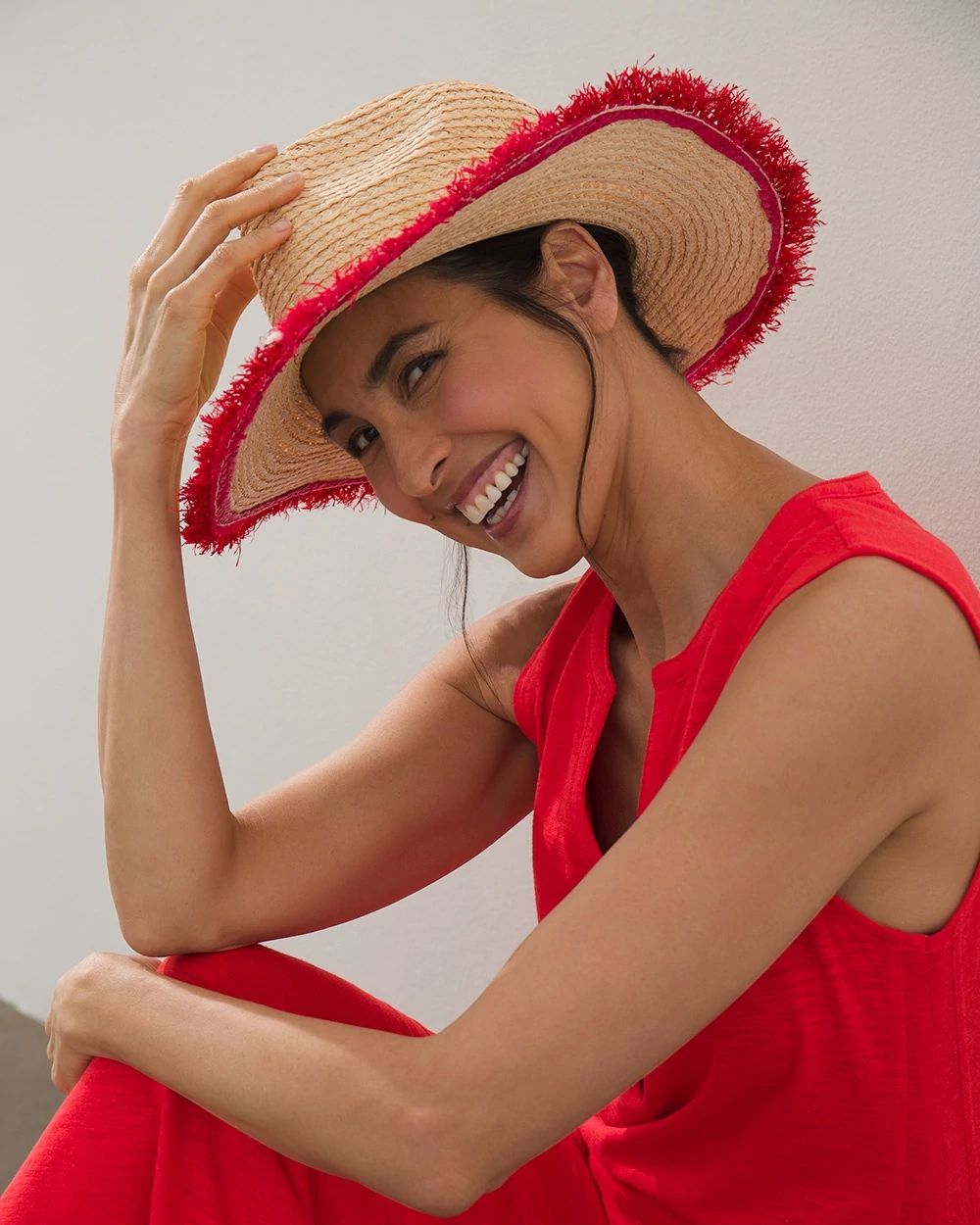 Red Fringe Raffia Straw Hat