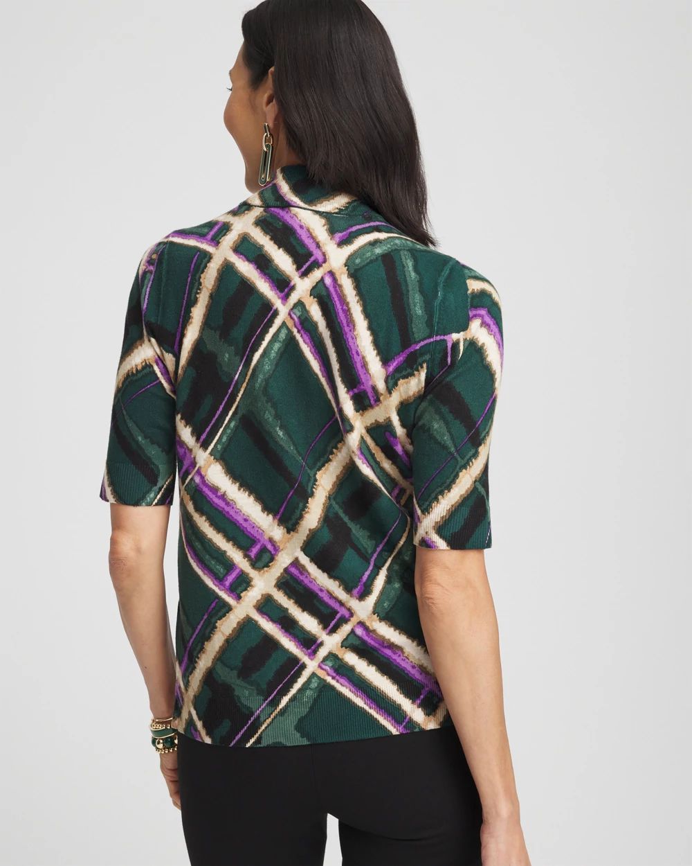 Plaid Elbow Sleeve Mock Neck Sweater