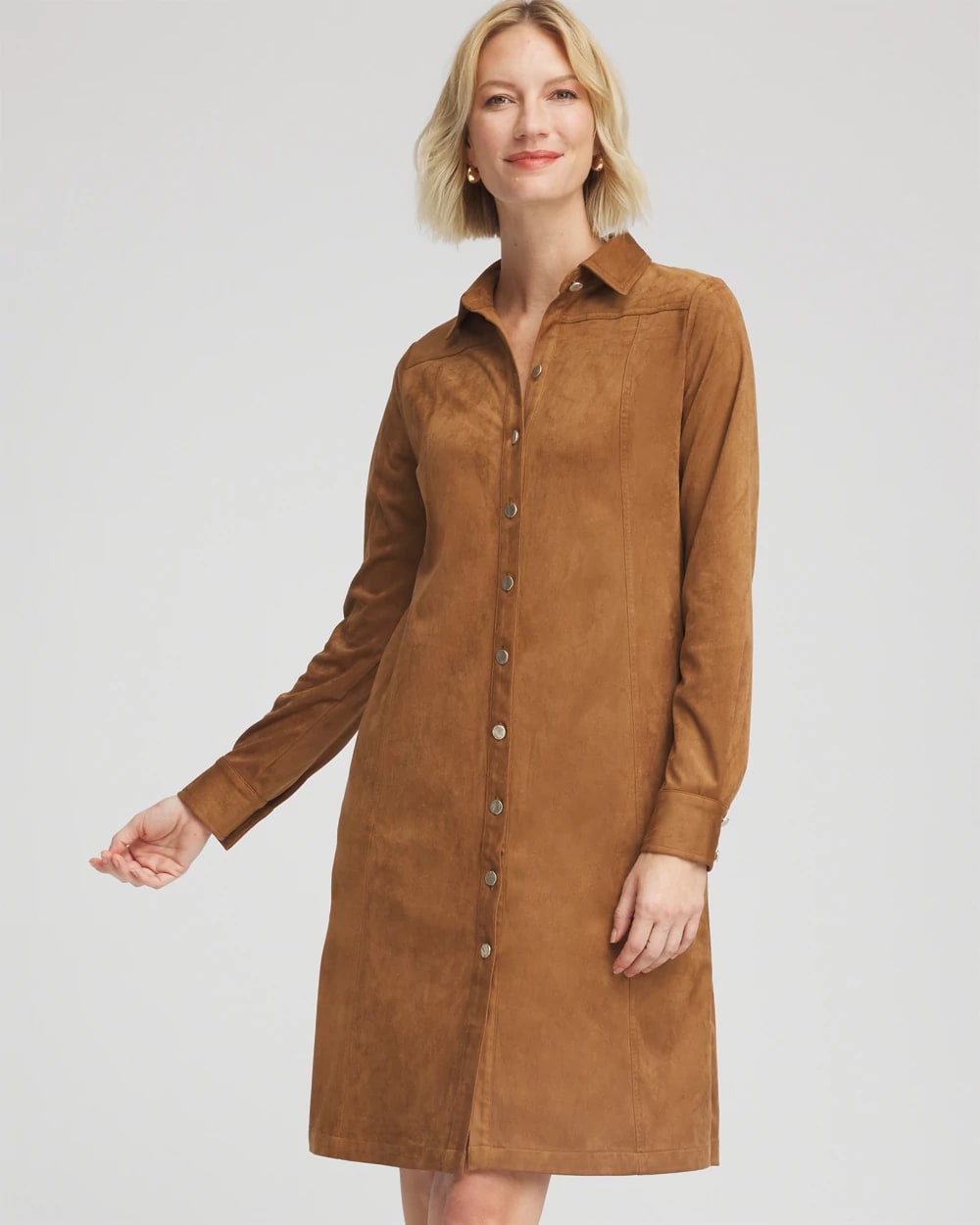 suede shirt dress Olive Green Smocked Waist Twill line silhouette and a button Zone Planet | Shirt style