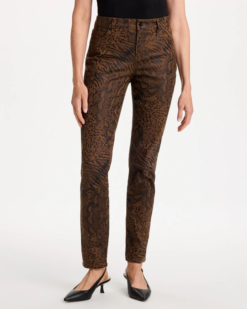 Animal Print Coated Girlfriend Slim Ankle Jeans click to view larger image.