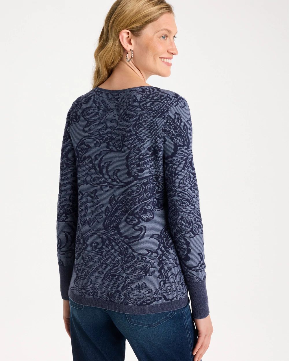 Ella Jacquard V-Neck Pullover Sweater click to view larger image.