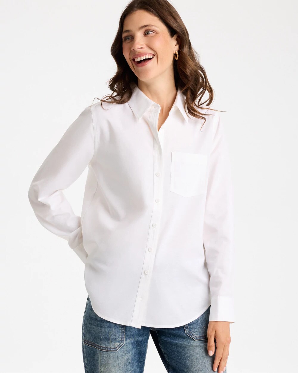 Chico's Cotton-blend Oxford Shirt In White In Alabaster