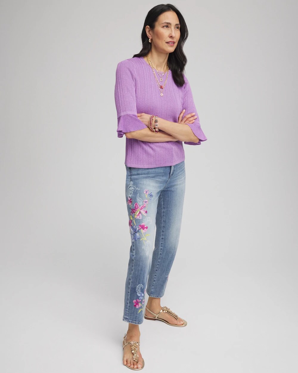 Ruffle Crew-Neck Pullover Sweater