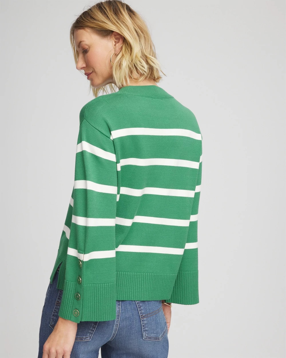 Striped Button Sleeve Crewneck Pullover Sweater