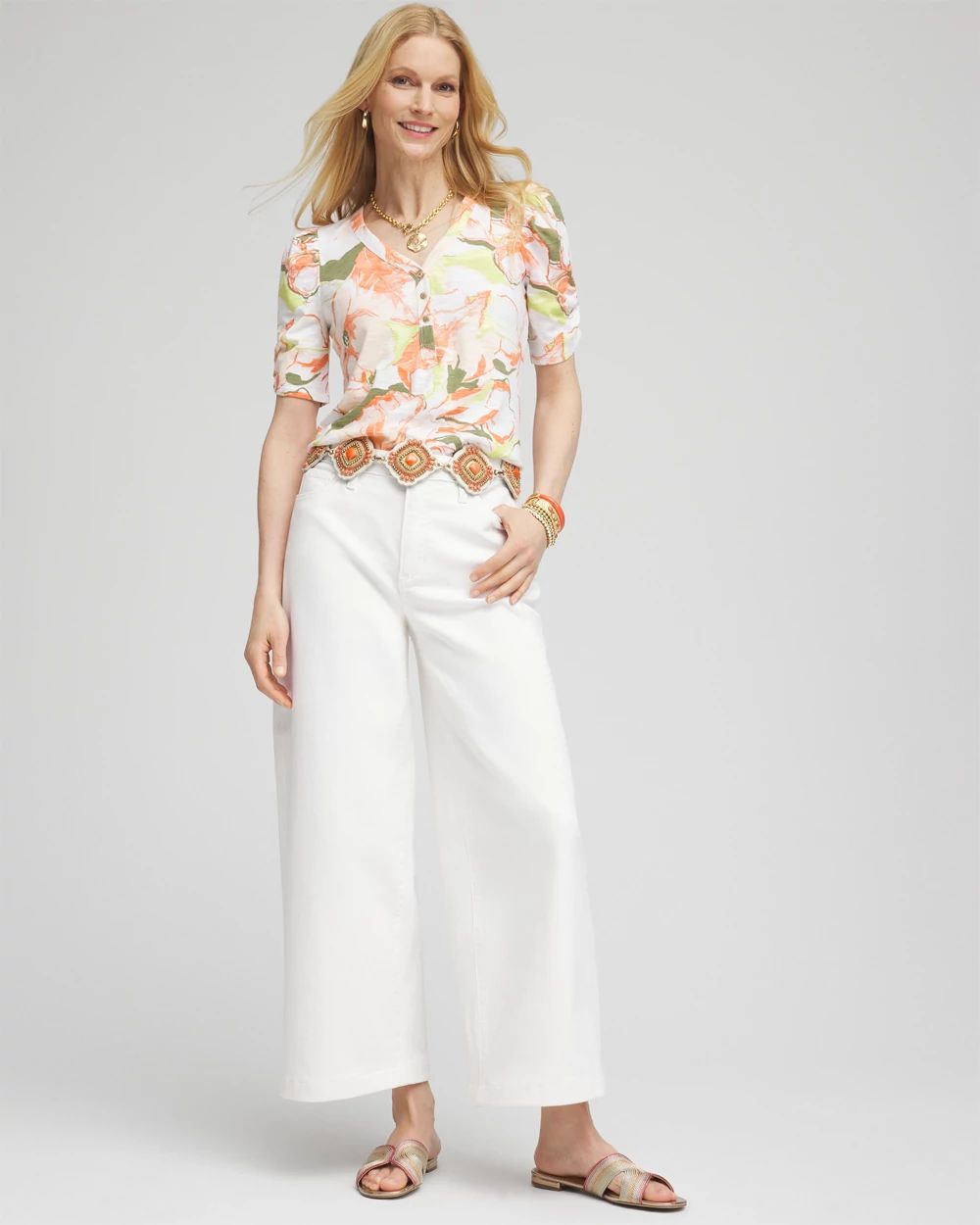 Floral Henley Shirred-Sleeve Tee