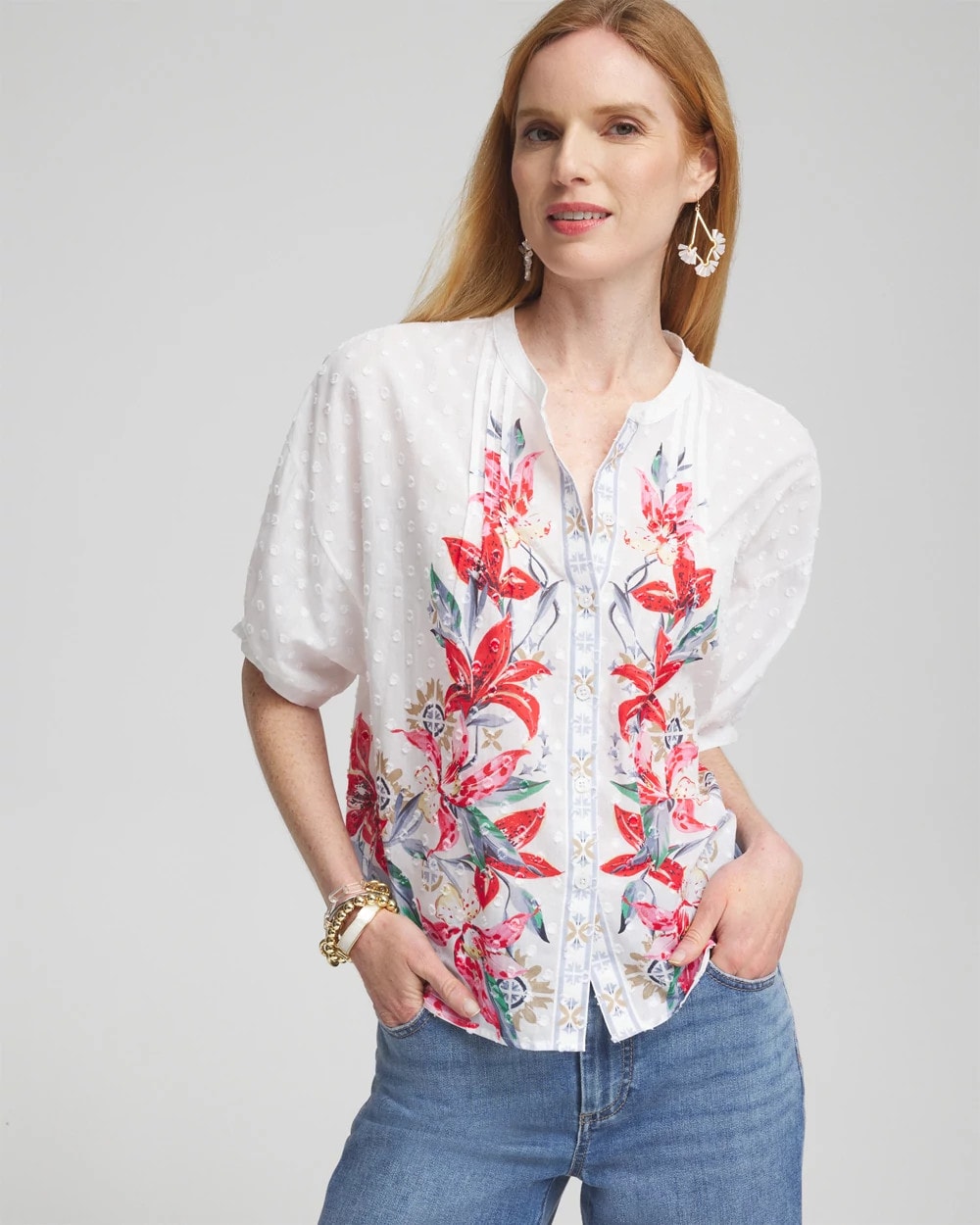 Floral Dolman Sleeve Cotton Shirt
