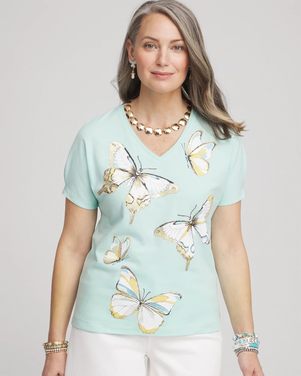 Foiled Butterfly Cotton V-Neck Tee