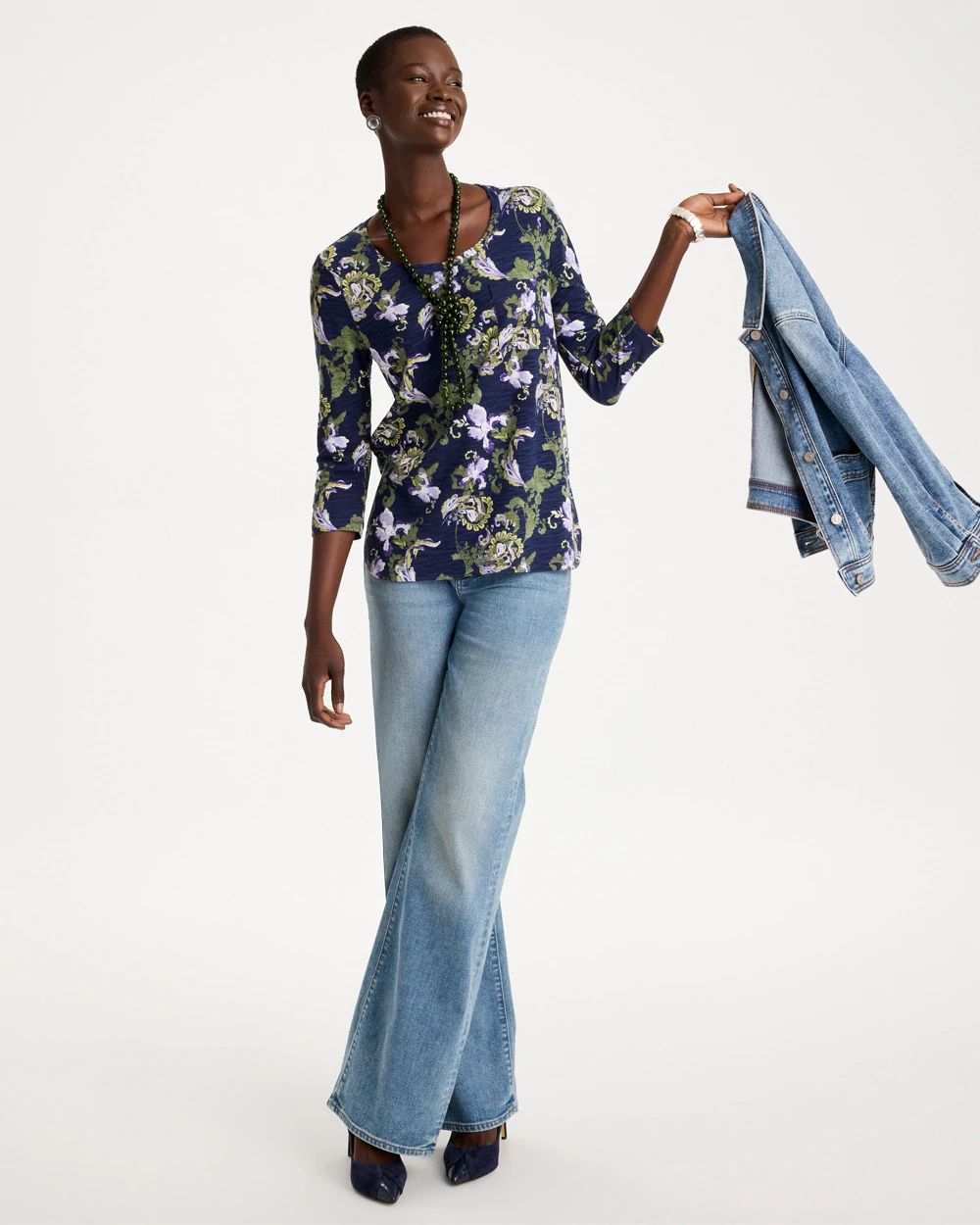 Floral Cotton Slub 3/4 Sleeve Tee click to view larger image.