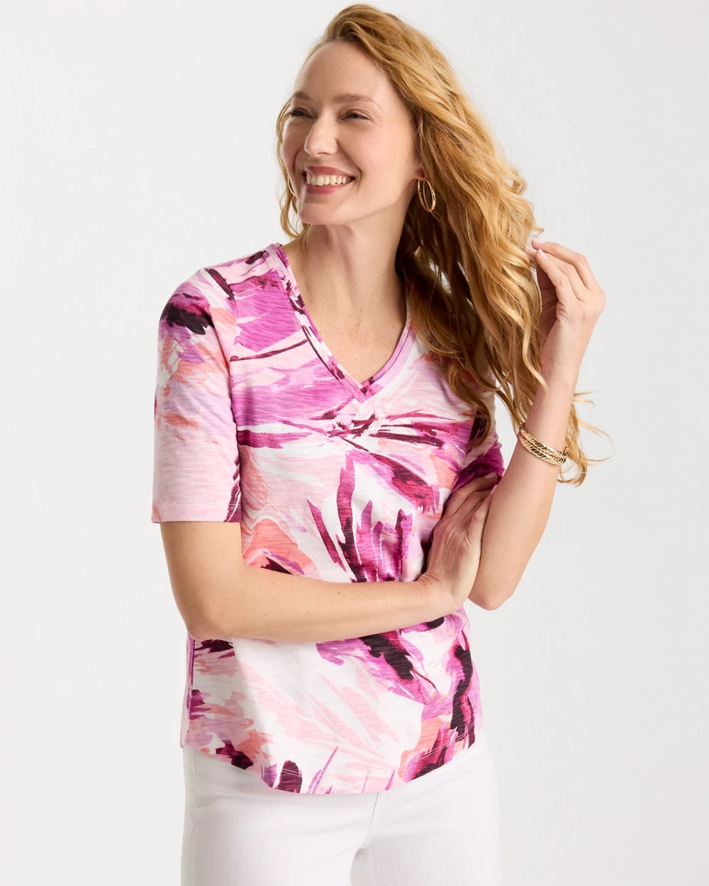 Printed Double V-Neck Slub Rib Tee, photo 1 of 5