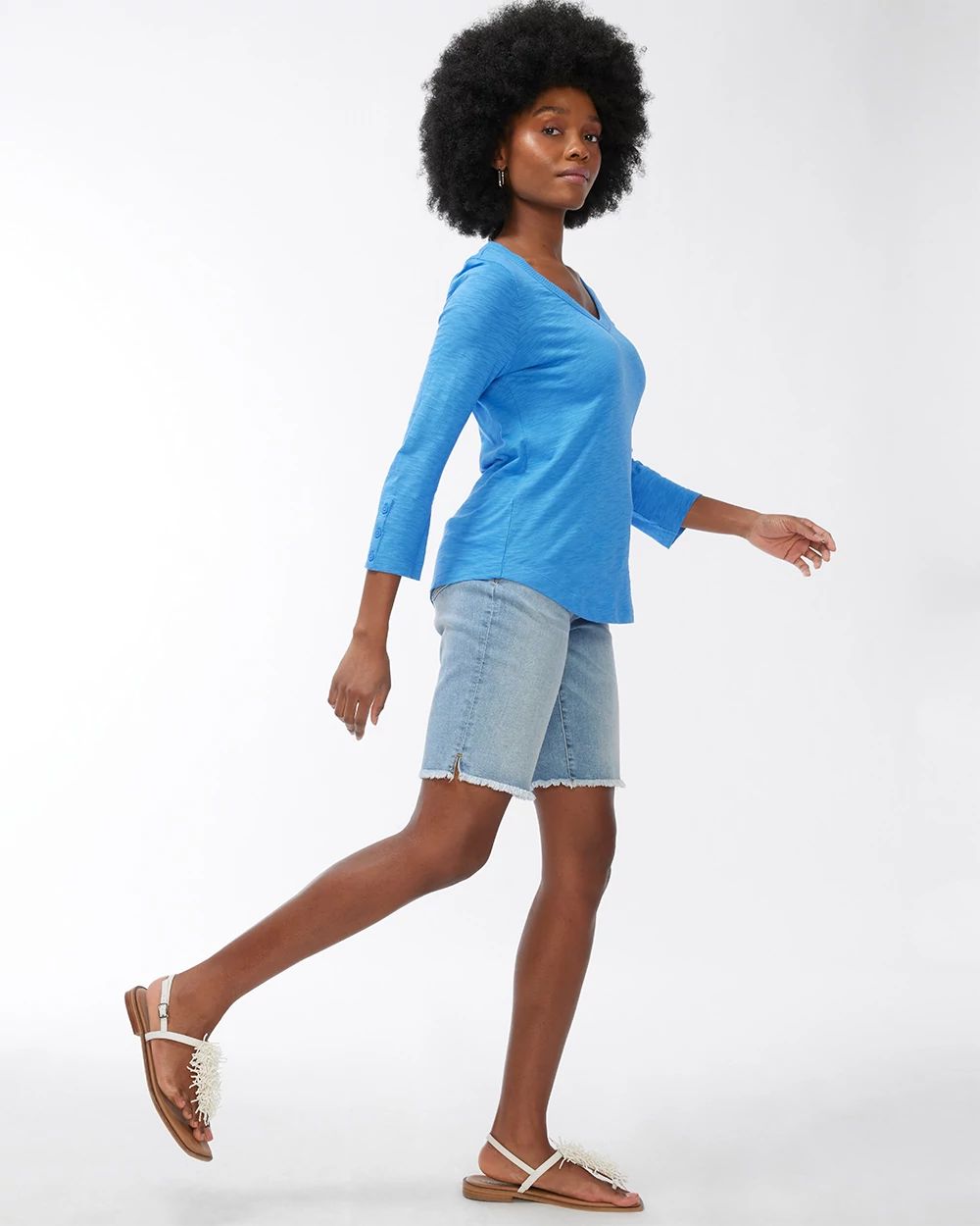 3/4 Sleeve Rib Detail Slub Tee